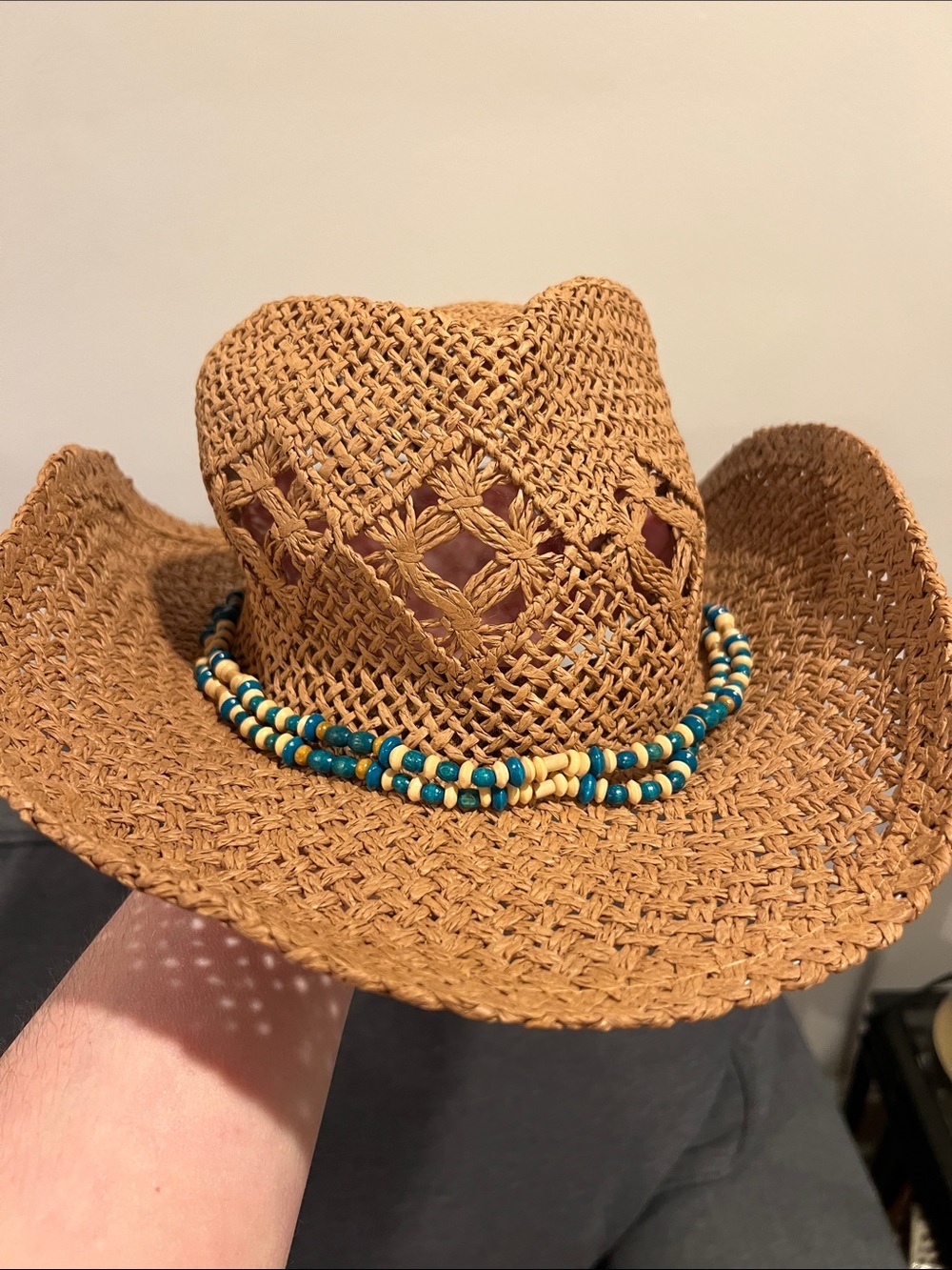 Woven Straw Cowboy Hat with Turquoise & Cream Bead Band